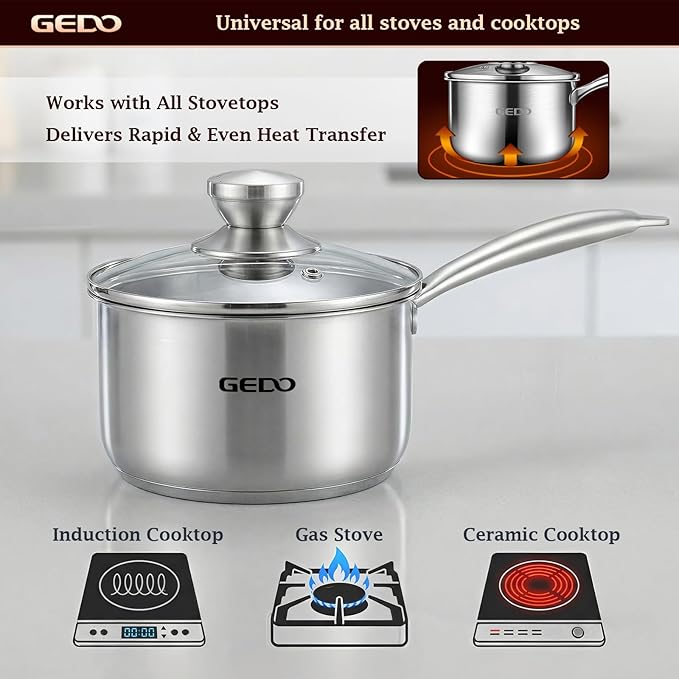 GEDO Food-Grade 316L Stainless Steel Sauce Pan with Glass Lid, 3-Ply Integrated Body Uncoated Cooking Pot, Universal for Induction Gas Ceramic Stovetops, Multi-Purpose Kitchen Cookware (2, Quarts)