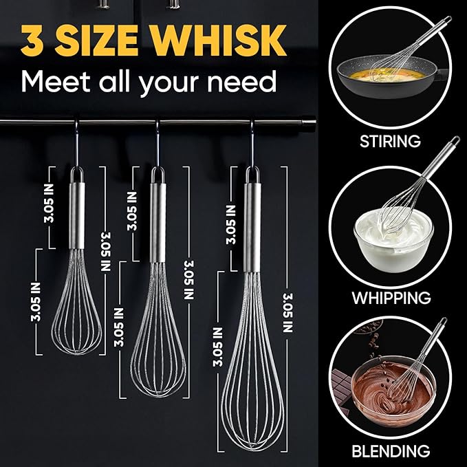 OOKUU Stainless Steel Wire Whisk Set - 3 Packs Balloon Whisk, Thick Wire Wisk ＆ Strong Handles, Egg Frother for Cooking, Blending, Whisking, Beating and Stirring (8"+10"+12")