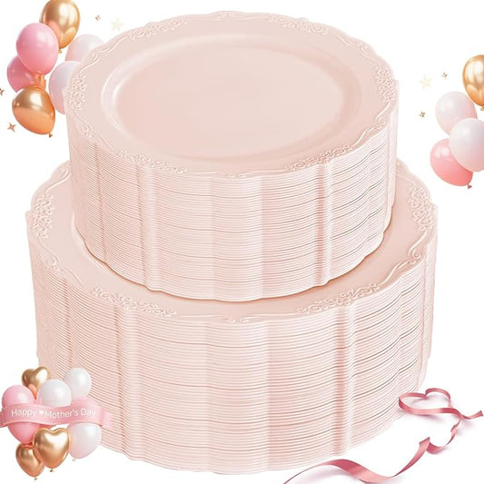 U-QE 100PCS Mauve Pink Plastic Plates for Party - Plastic Plates Disposable Heavy Duty - Pink Easter Plates for Party Including 50PCS 10.25'' &50PCS 7.5''