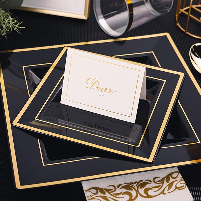 N9R 60 Pack Black Square Plastic Plates with Gold Rim Include 30 Disposable Dinner Plates 9.5 Inch and 30 Dessert Plate 6.5 Inch, Fancy Plate for Party, Wedding, Halloween and Daily Use