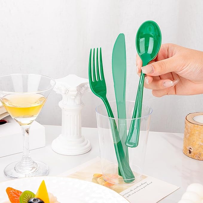 WDF 160 Pcs Green Plastic Silverware - Heavy Duty Silverware Includes 80Forks, 40Spoons, 40Knives, Green Plastic Utensils Perfect for Party/Wedding/Birthday/Daily Using/Easter