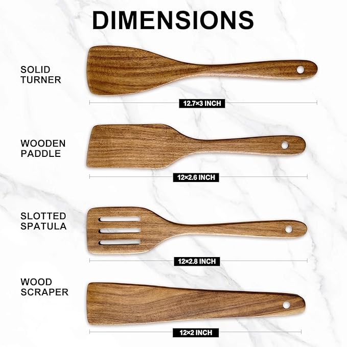 Best Non Toxic Wooden Spatula for Cooking Utensil Set Acacia Wood Spatula Set of 4, Bamboo Cooking Spoon Flat Slotted Turner Spatulas for Kitchen Use Cast Iron Scraper Spurtle Thin Egg Flipper Spatula