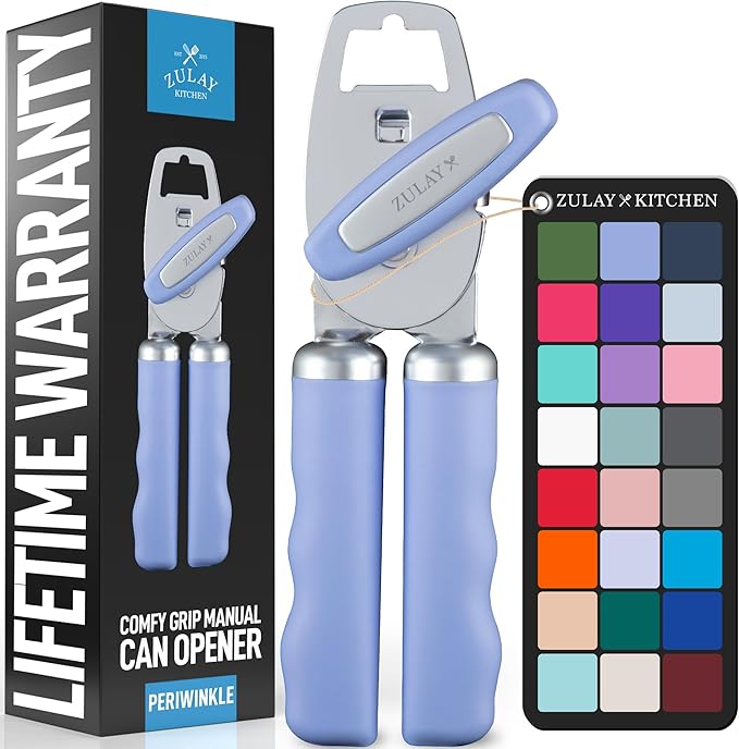 Zulay Kitchen Heavy Duty Stainless Steel Can Opener Manual with Bottle Opener - Rust Proof Manual Can Opener With Turn Knob & Comfy Soft Grip Handles - Periwinkle
