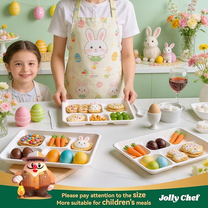 JOLLY CHEF Compostable 𝟱 Compartment Paper Plates 10*8.25*1 𝗶𝗻𝗰𝗵 [𝟱𝟬𝟬 𝗣𝗮𝗰𝗸] Small Heavy Duty Divided Disposable White Eco-Friendly Biodegradable Food Tray for School Lunch Dinner Christmas