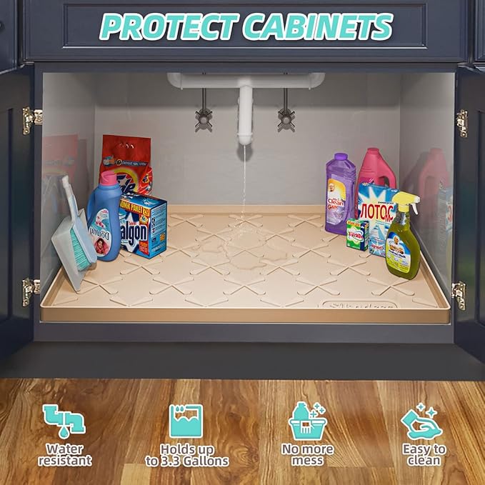 SIKADEER Silicone Under Sink Mats for Kitchen Waterproof 34" x 22", Raised Edge Cabinet Protector Shelf Liner, Bathroom Organizers and Storage Boot Tray Pet Mat