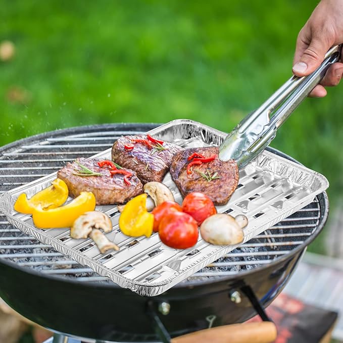 50 Pack Aluminum Grill Pans 9x13 Inch, Broiler Pans for Oven, Disposable Aluminum Grill Liners with Holes with Ribbed Bottom Surface for BBQ Foil Drip Roast Trays