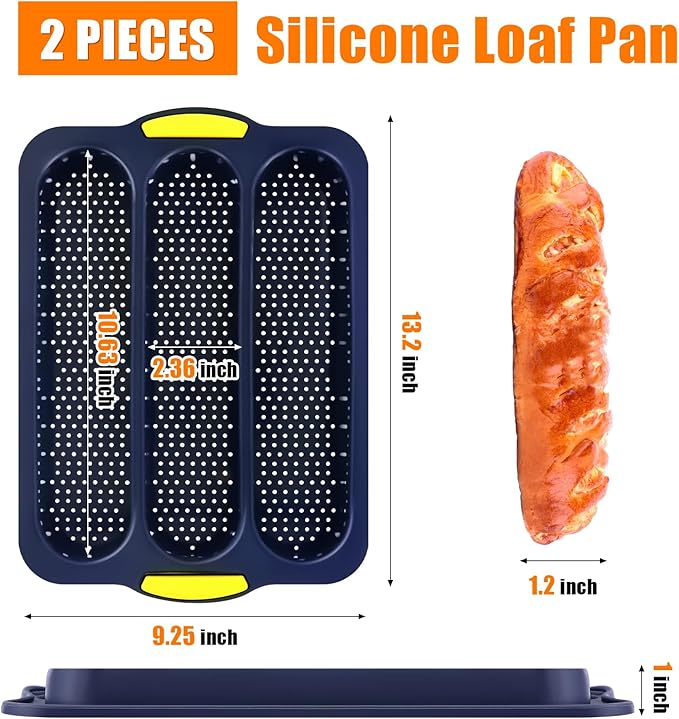 2 Pcs Silicone Baguette Bread Pan, Non-Stick Bread Loaf Pan Food Grade, 3-Cavity Perforated French Baking Mold for Homemade Bread, French Baguette, Sandwich Rolls