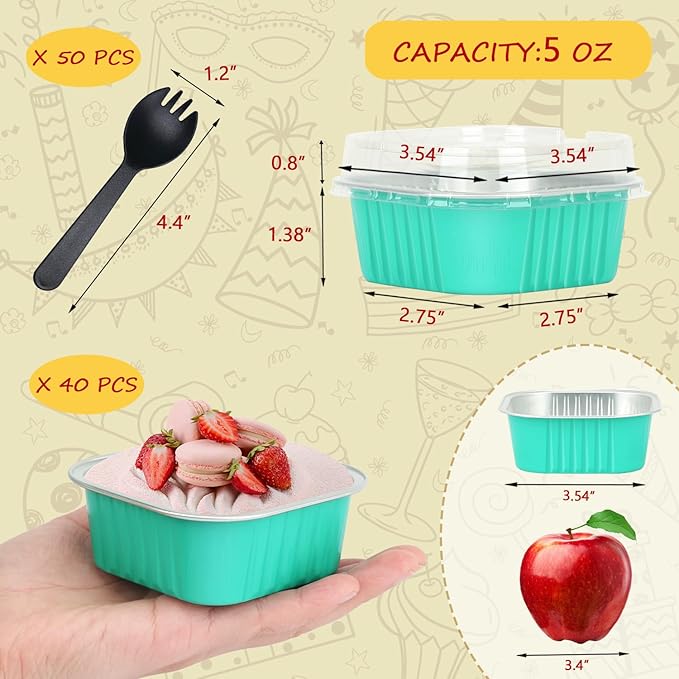 LNYZQUS 5oz Square Cupcake Pan with Lids 40 Pack, Aluminum Foil Muffin Pan Mini Cake Cups,Disposable Ramekins Brownie Baking Pans Cupcake Liners Muffin Tin-Cyan Blue