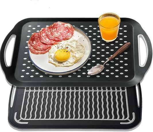 2PCS Large Non-Slip Serving Tray with Handles TV Lap Trays for Eating on Couch Food Serving Tray with Silicone Grippy Dots for Dinner Snack Fruit Dessert Breakfast (Black - 2pcs)