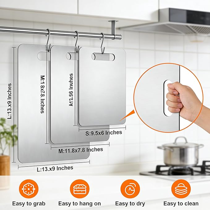 3 Pack Stainless Steel Cutting Board Cutting Boards for Kitchen13x9" 11.8x7.87" 9.4x5.9" Upgrade Double Sided Board, Thick Cutting Board for Home Kitchen Cooking