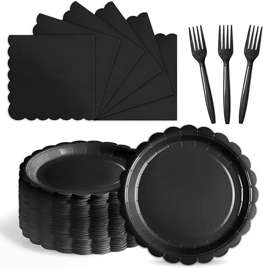 105PCS Paper Plates and Napkins Set,7 Inch Scalloped Disposable Tableware with Forks for Birthdays, Garden Parties & Outdoor Events,Serves 35 (Black)