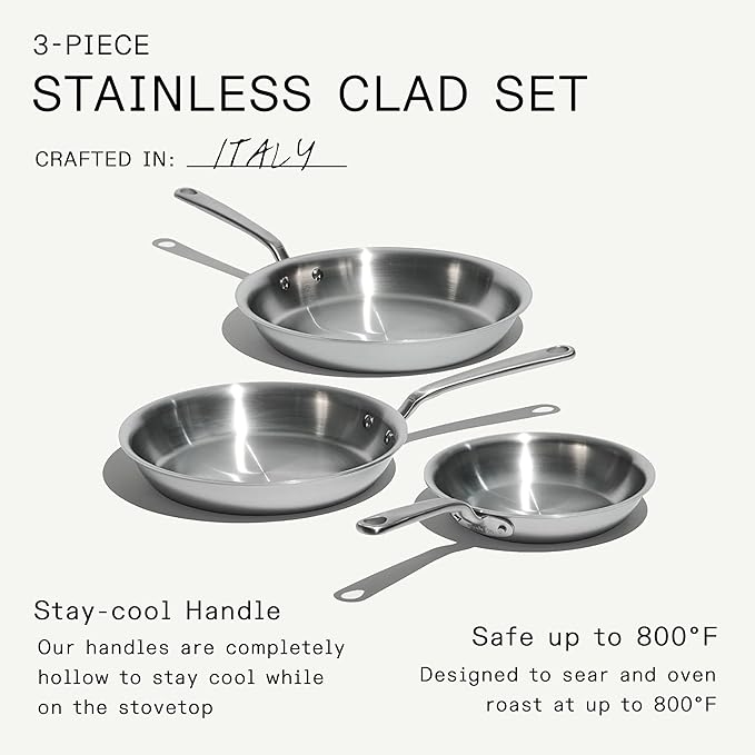 Made In Cookware | 3-Piece (Includes 8",10",12") Stainless Frying Pan Set | 5 Ply Stainless Clad | Professional Cookware | Crafted in Italy | Induction Compatible