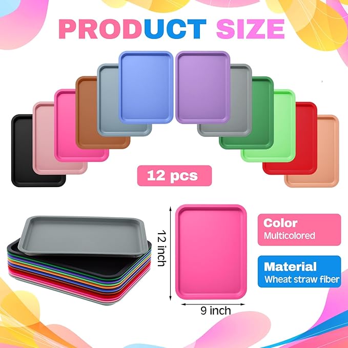 Mumufy 12 Pcs Plastic Fast Food Trays Bulk Colorful Restaurant Serving Trays Cafeteria Rectangular Plastic Serving Platter Grill for Kitchen Restaurant Coffee (Classic Color)