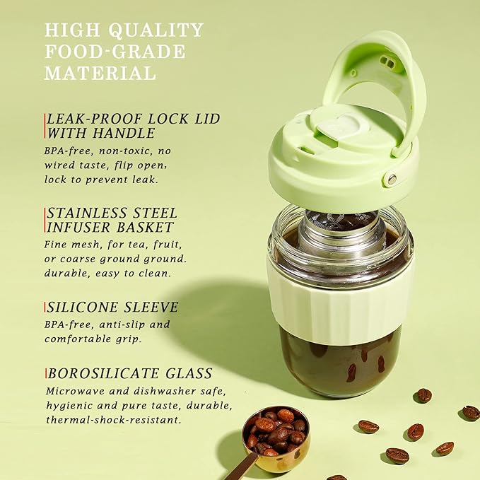 Leak-proof Glass Coffee Mug with Lock Lid, 17oz Reusable Coffee Cup with Stainless Steel Filter, Travel Tea and Fruit Infuser with Handle, BPA-free, Dishwasher Safe (Lavender)