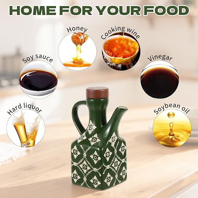 8.5 oz Green Ceramic Olive Oil Dispenser Bottle Decorative Olive Oil Dispenser Bottle with Handle & Wooden Stopper Relief Opaque Ceramic Oil Cruet for Kitchen Cooking Oil Vinegar