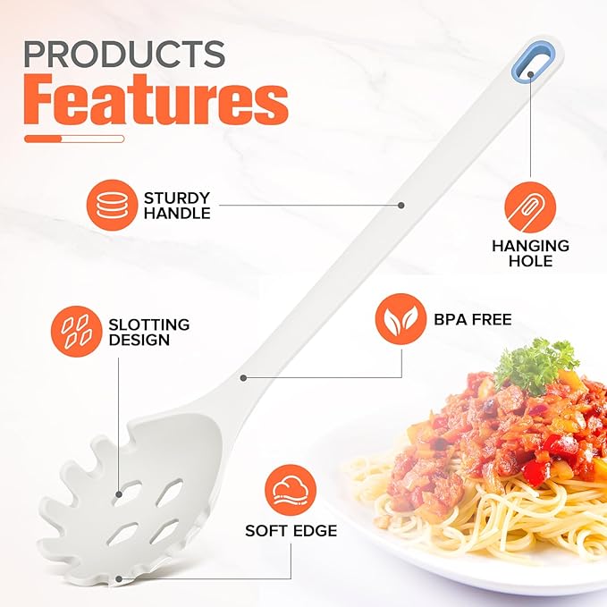 Silicone Spaghetti Spoon&Soup Ladle Cooking Utensils Set of 2,No Scratch for Nonstick Cookware,BPA Free, 450℉Heat Resistant (White)
