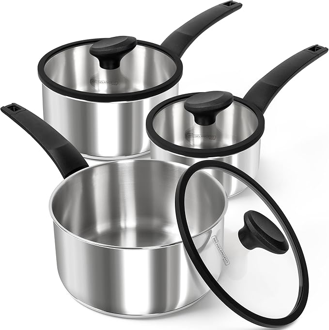MICHELANGELO Stainless Steel Saucepan with Lid 1QT & 2QT & 3QT, Triply Stainless Steel Saucepans with Bakelite Handle, Premium Nonstick Sauce Pot Set for Kitchen Cooking, Induction Compatible