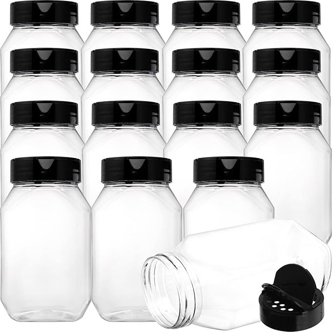 Dicunoy 16 Pack 17 OZ Plastic Spice Containers, Large Seasoning Jars with Shaker Lids, Reusable Empty Storage Bottle for Kitchen Storing Spice, Powders