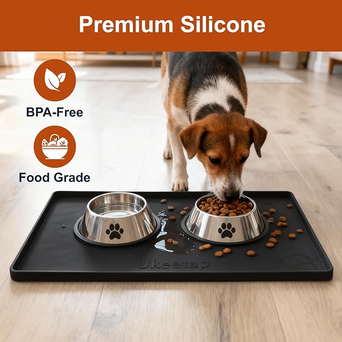 Extra Thick Silicone Mat Waterproof with Raised Edge 19” x 12”, BPA Free Non-Slip Dog & Cat Food Mat, Feeding Mat for Food and Water Bowls, Spill Proof Mat to Protect Floors, Black