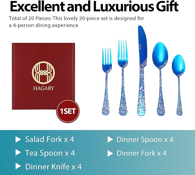 Wave Cutlery Set 20 Pieces Stainless Steel Flatware Set Service for 4 Utensils For Home Kitchen Wedding Laser Engraved Dishwasher Safe (All Blue)