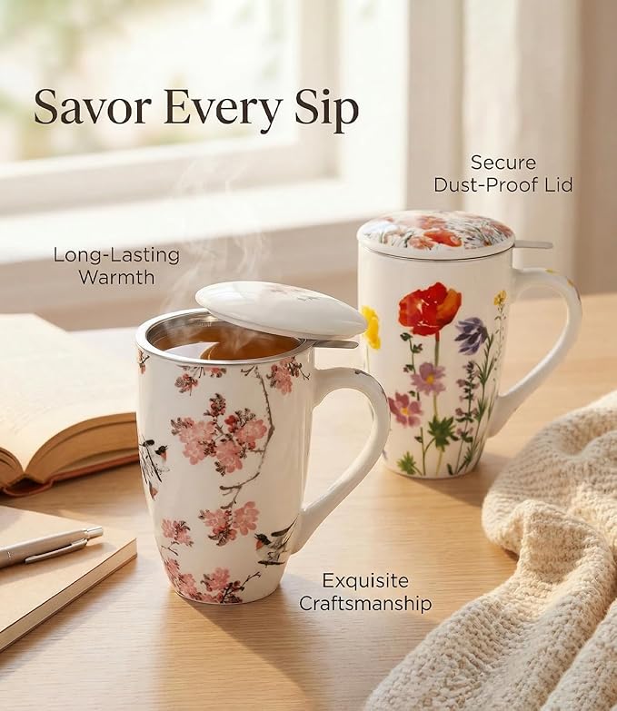 AmorArc Porcelain Tea Mug with Infuser and Lid – 18oz Loose Leaf Tea Cup with Handle, Gift for Tea Lovers (Men & Women)