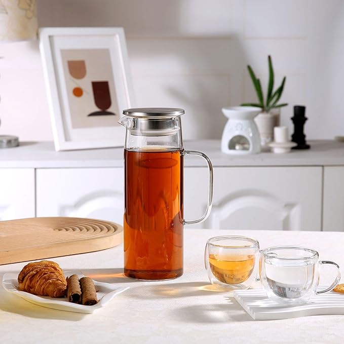 Heat Resistant Glass Pitcher With Lid And Spout, Iced Tea Pitchers Beverage Pitchers For Fridge, Water Pitcher And Carafe 1200ml/41oz