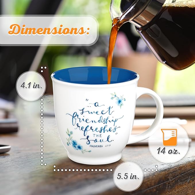 Christian Art Gifts Blue Floral Ceramic Coffee Mug – 14 oz. Microwave and Dishwasher-safe Inspirational Scripture Coffee and Tea Mug for Friends with Bible Verse: A Sweet Friendship – Proverbs 27:9