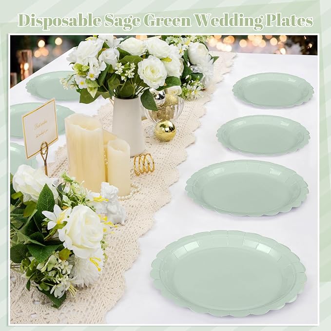 30 Pcs Sage Green Paper Plates 9 Inch Disposable Scalloped Easter Plates Cute Dessert Cake Plate Party Dinner Plate for Baby Shower, Wedding, Bridal Shower