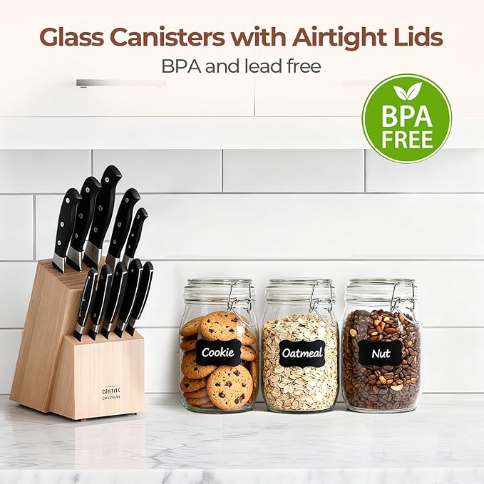 ComSaf 3-Pack 34oz Round Glass Apothecary Jars with Lids, Farmhouse Kitchen Decor for Countertop Display, Airtight Canisters for Cookies, Candy & Coffee, Classic Food Storage Containers