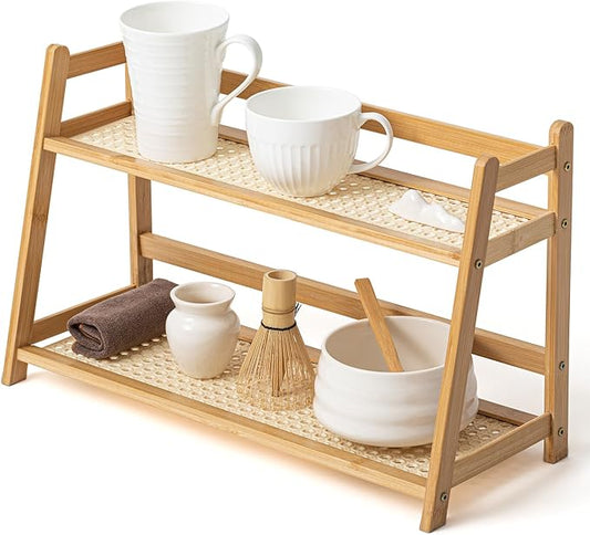 1 Pcs 2 Tier Matcha Station Shelf Bamboo Coffee Mug Stand Countertop Storage Rack, Double Layer Rattan Office Cup, Kitchen, Tea, Plant, Bar Accessories Condiment Display (Wood,17.7 Inch)
