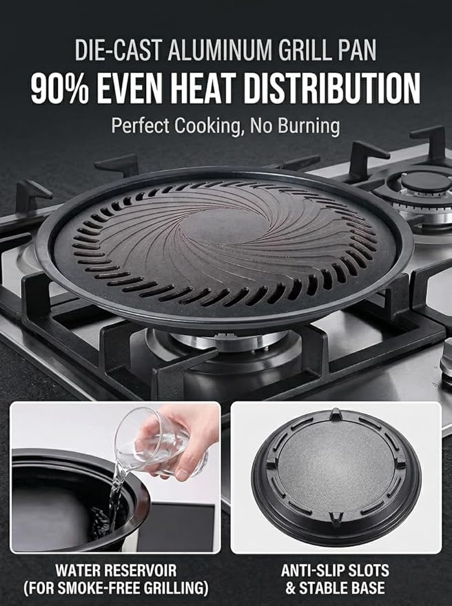 Korean-Style Smokeless Outdoor BBQ Grill Pan – Aluminum Fluorine Coating,Non-Stick & Non-Burning, Even Heating,Oil Drain Design,Easy Clean,Includes 304 Stainless Steel Tongs - Made in TaiWan