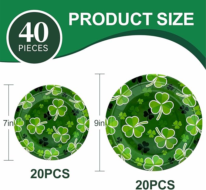 St Patrick's Day 40Pcs Disposable Paper Plates,Including 20pcs 9" and 20pcs 7" Plates,Strong and Sturdy Disposable Plates for St Patrick's Day Party, Dinner, Holiday, Picnic,Dinner Table, Wedding