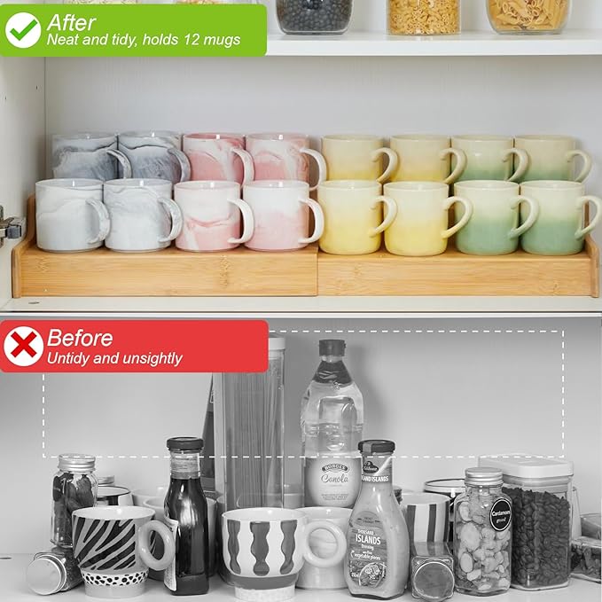 2-Tier Expandable Bamboo Mug Holder Coffee Mug Rack Organizer for Countertop, Multi-Functional Mug Display Shelf for Coffee Bar, Kitchen, and Home (15.35"~29.92")