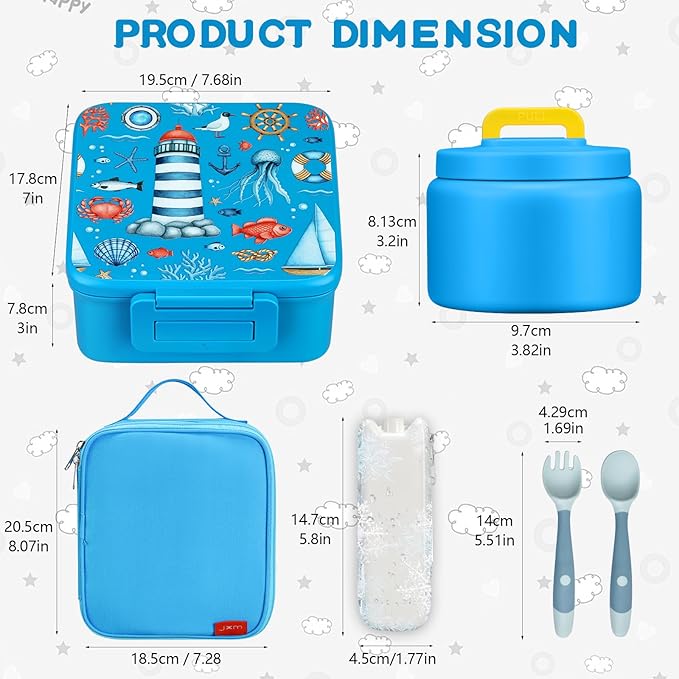 MAISON HUIS Bento Lunch Box with 8oz Soup Thermo, 5-Compartment Leak-Proof Container, Thermo Hot Food Jar and Insulated Lunch Bag, BPA Free,Travel, School