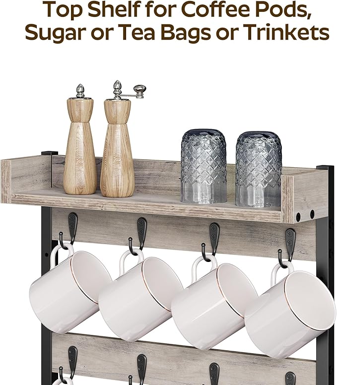 Coffee Mug Holder Stand, 3 Tier Mug Tree Rack, Hanging 12 Cups, with Top Shelf, for Kitchen, Dining Room, Living Room, Cafe, Greige and Black MH42BG