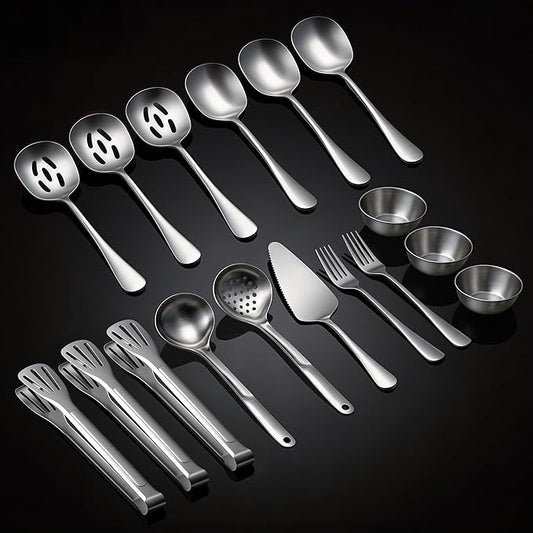 Serving Utensils Set for Partie, Stainless Steel Metal Serveware Flatware Large Serving Spoons, Slotted Spoons, Forks, Tongs, Soup and Skimmer Spoon, Cake Server for Buffet, Party, Catering