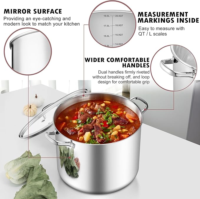 TeamFar 20QT Stock Pot, Stainless Steel Stockpot Large Induction Cooking Pot with Lid & Tri-ply Bottom, for Soup Seafood Cooking, Sauce Canning, Non Toxic & Heavy Duty, Various Stovetops Suitable