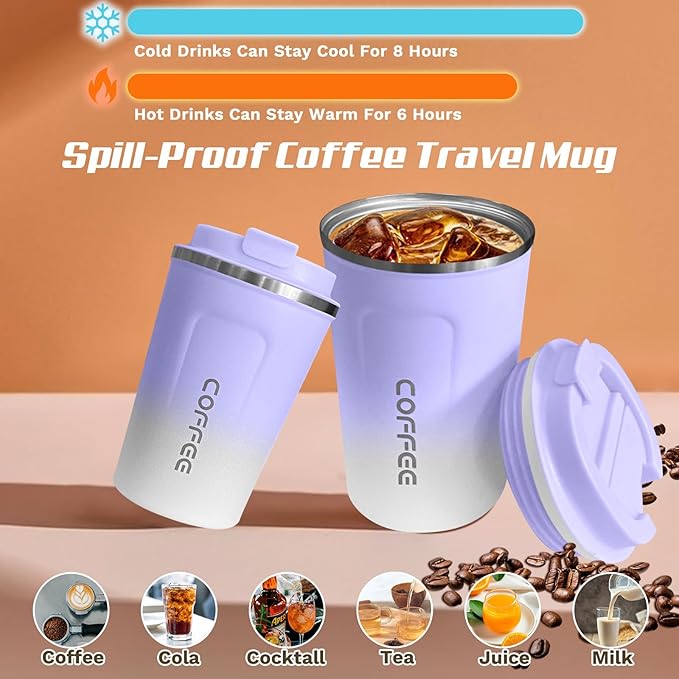 Travel Coffee Mug Leak-Proof, Reusable Coffee Cups with Lid, Stainless Steel Vacuum Insulated Coffee Tumblers, Thermal Insulation Cup for Men & Women Hot & Cold Drinks(2nd-Purple White, 12OZ)