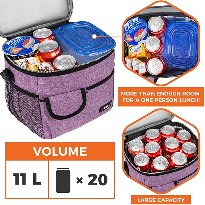 opux Insulated Lunch Bag for Men Women, Leakproof Heather Purple Lunch Box for Work, Portable Soft Lunch Cooler Bag with Shoulder Strap, Adult Lunchbox Lunch Pail for Kid Boy Girl School, 18 Can/10L