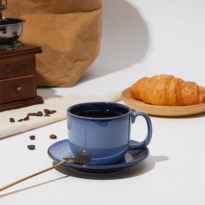 Stoneware Coffee Cups with Saucers, 6 Oz Cappuccino Cups Set of 4, Microwave & Dishwasher Safe, Perfect For Tea, Espresso, Latte, Ceramic Mugs for Kitchen or Cafe, Light Blue