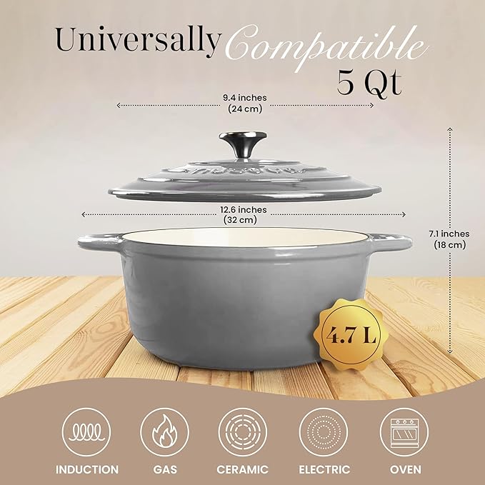 Cast Iron Pot with Lid – Non-Stick Ovenproof Enamelled Casserole Pot, Oven Safe up to 500° F – Sturdy Dutch Oven Cookware – Grey, 5-Quart, 24cm – by Nuovva