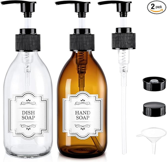 8 oz Glass Pump Bottle, 250ml Small Lotion Dispenser Bottle for Body Massage Oil, Refillable Empty Hand and Dish Soap Dispensers Set with Storage Caps, Labels - Amber & Clear, 2 Pack