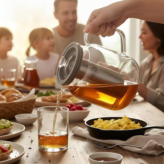 Aquach Glass Teapot with Infusers for Loose Tea, 68 Oz Glass Tea Kettle Dishwasher and Stovetop Safe, Plastic-Free Borosilicate Glass Tea Pot and Stainless Steel Tea Infuser