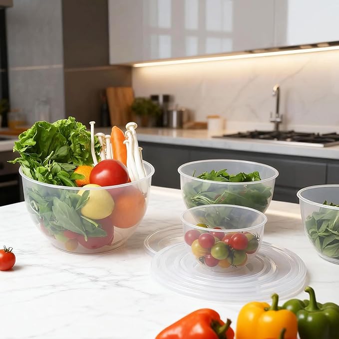 Plastic Mixing Bowls with Lids Set for Kitchen, Nesting Bowls for Mixing, Baking, Prepping, Cooking and Serving Food, Mixing Bowls Dishwasher, Microwave Safe (Clear)