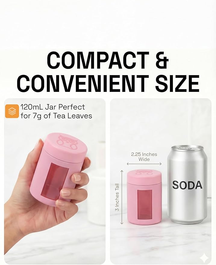 Treehouse Smell Proof Containers (120mL), Jars with Airtight Lids for Herbs, Spices, Coffee and Tea, Air Tight Glass Storage Jars with UV Protection Glass, (Set of 4) (Matte Pink)