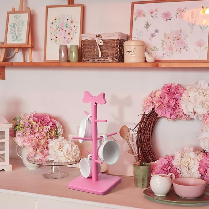 Pink Coffee Cup Holder Bow Mug Tree Pink Kitchen Coffee Bar Accessories Decorative Wooden Cup Holder with 6 Hooks Coquette Mug Rack Stand Cute Decor for Wedding Home Countertop Organizer
