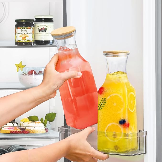 Glass Carafe with Bamboo Lid, Square 35 Oz Beverage Dispensers Carafe, Mimosa Bar Supplies, Clear Glass Pitcher with Name Labels for Iced Tea, Coffee, Juice(Set of 4)