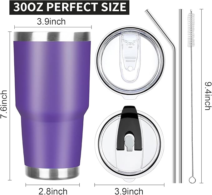 30 oz Tumbler with Lids and Straws Double Wall Vacuum Insulated Tumbler Cup,Stainless Steel Leak-proof Thermal Tumbler Powder Coated Travel Coffee Mug for Cold and Hot Drinks,Dark Purple
