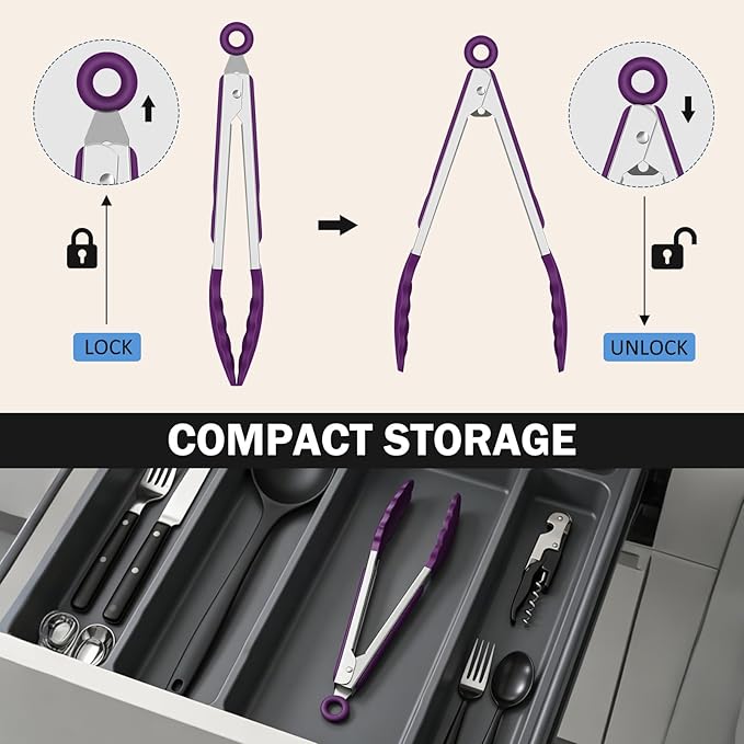 Kitchen Tongs, Stainless Steel Cooking Tongs with Silicone Tips, 600ºF High Heat-Resistant Non Scratch Locking Tongs for Cooking BBQ Grilling Air Fryer Pans, Set of 2 (7" 9" and 12") Purple