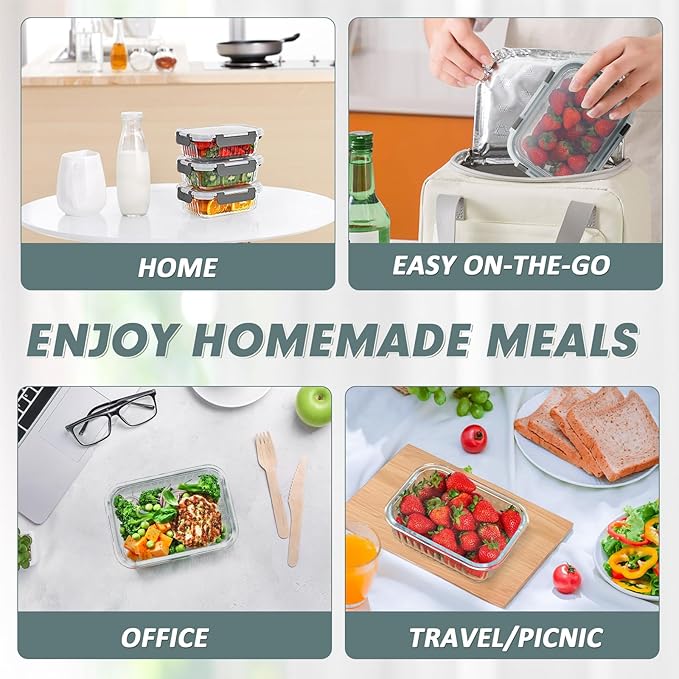 KOMUEE 10 Packs 22 oz Glass Meal Prep Containers with Lids, Airtight Glass Lunch Containers, BPA Free, Microwave, Oven, Freezer and Dishwasher Friendly, Gray